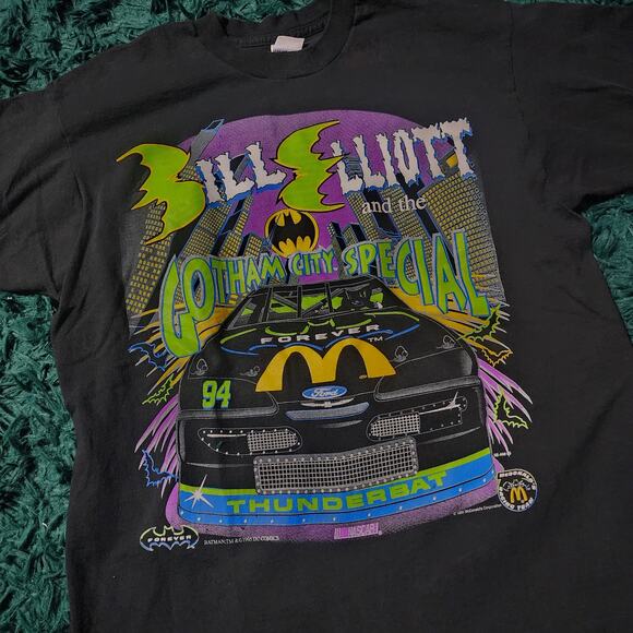 Vintage 1995 Bill Elliott Batman Forever NASCAR Tee Hunter Tag XL Made in USA - Picture 3 of 8